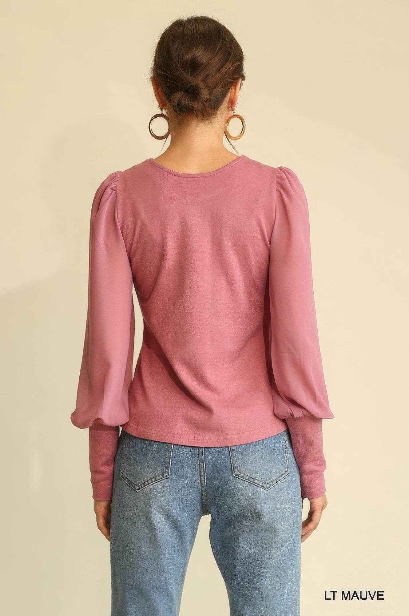 Light Mauve Solid Knit And Chiffon Mixed Top With Puff Long Sleeve