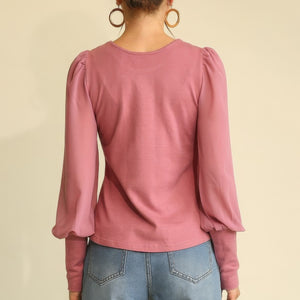 Light Mauve Solid Knit And Chiffon Mixed Top With Puff Long Sleeve