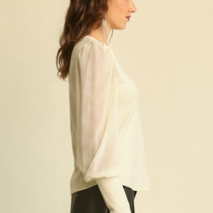 Solid Knit And Chiffon Mixed Top With Puff Long Sleeve