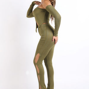 Cutout ribbed set in Olive