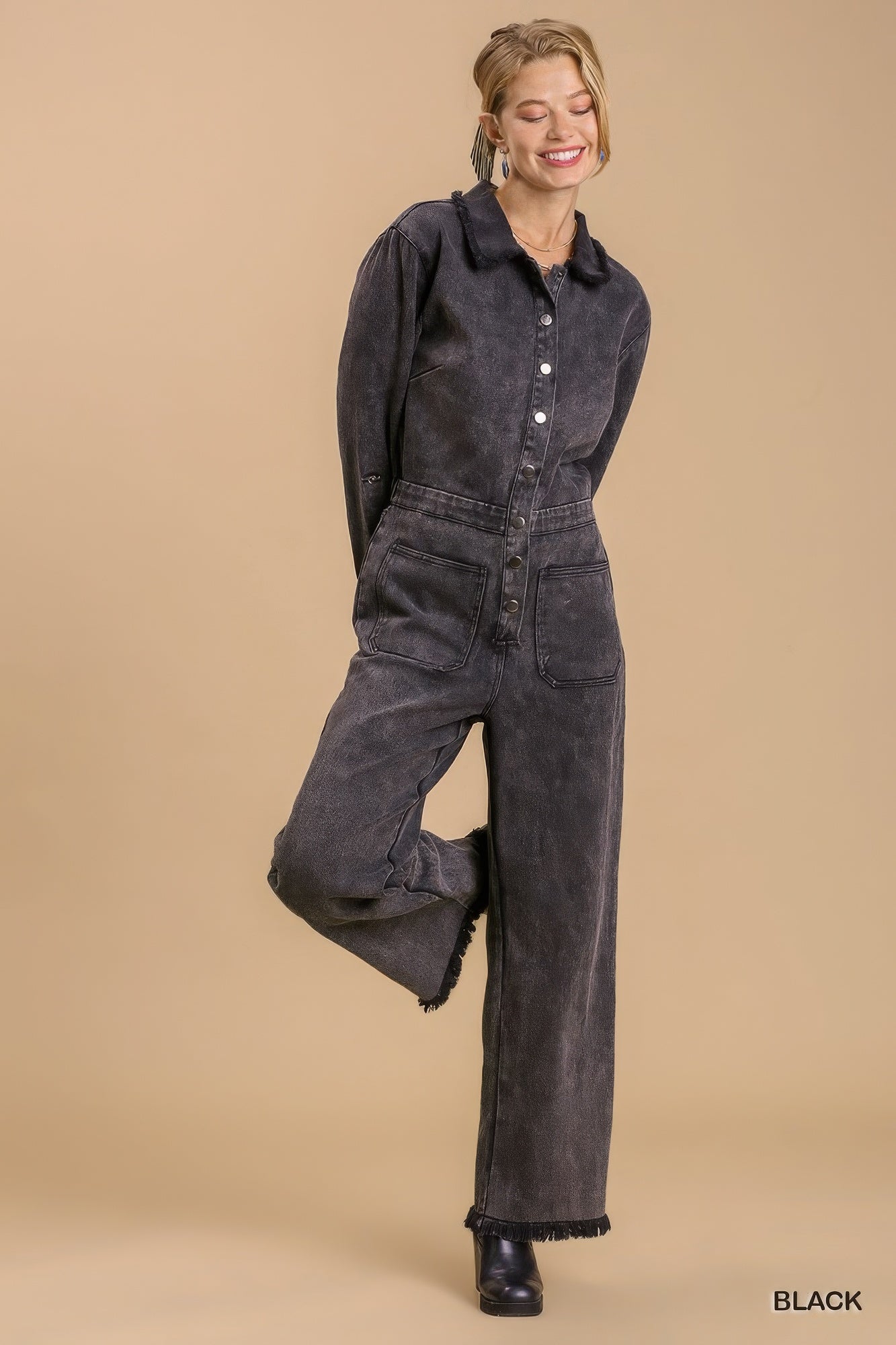 Mid button down stone wash wide leg distressed jumpsuit & side pockets with no lining in black