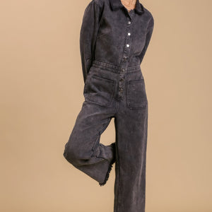 Mid button down stone wash wide leg distressed jumpsuit & side pockets with no lining in black