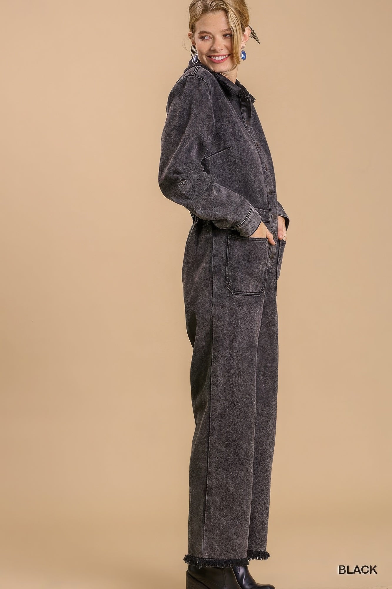 Mid button down stone wash wide leg distressed jumpsuit & side pockets with no lining in black