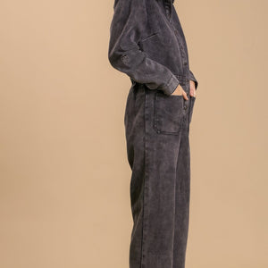 Mid button down stone wash wide leg distressed jumpsuit & side pockets with no lining in black