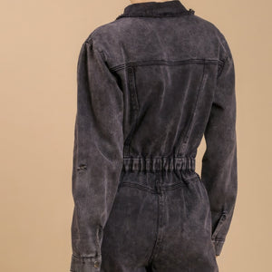 Mid button down stone wash wide leg distressed jumpsuit & side pockets with no lining in black