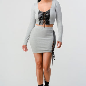 2 Piece Set With Cropped Long Sleeve Shirt With Pu Leather Detail Matching Mini Skirt