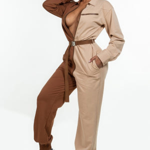 Brown Long Sleeve Oversized Cozy Shirt Jumpsuit