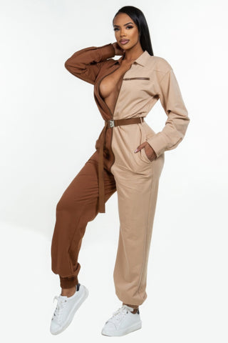 Brown Long Sleeve Oversized Cozy Shirt Jumpsuit