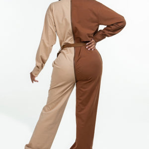 Brown Long Sleeve Oversized Cozy Shirt Jumpsuit