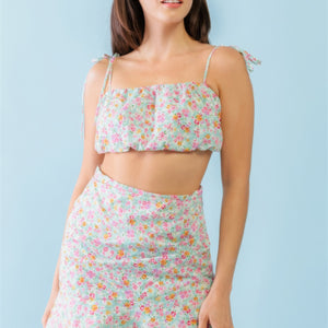 Mint Fuchsia Print Cotton Sleeveless Strappy Crop Top & High Waist Wrap Hem Mini Skirt Set