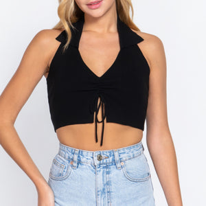 Halter Ruched Crop Sweater Knit Top