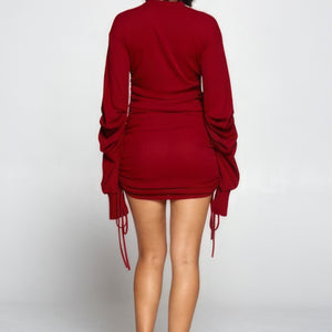 Solid Color Mock Neck Mini Bodycon Dress in Burgundy