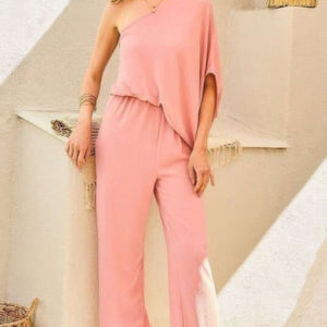 One Shoulder 3/4 Sleeve Unbalanced Waist Elastic Solid Pants Jumpsuit