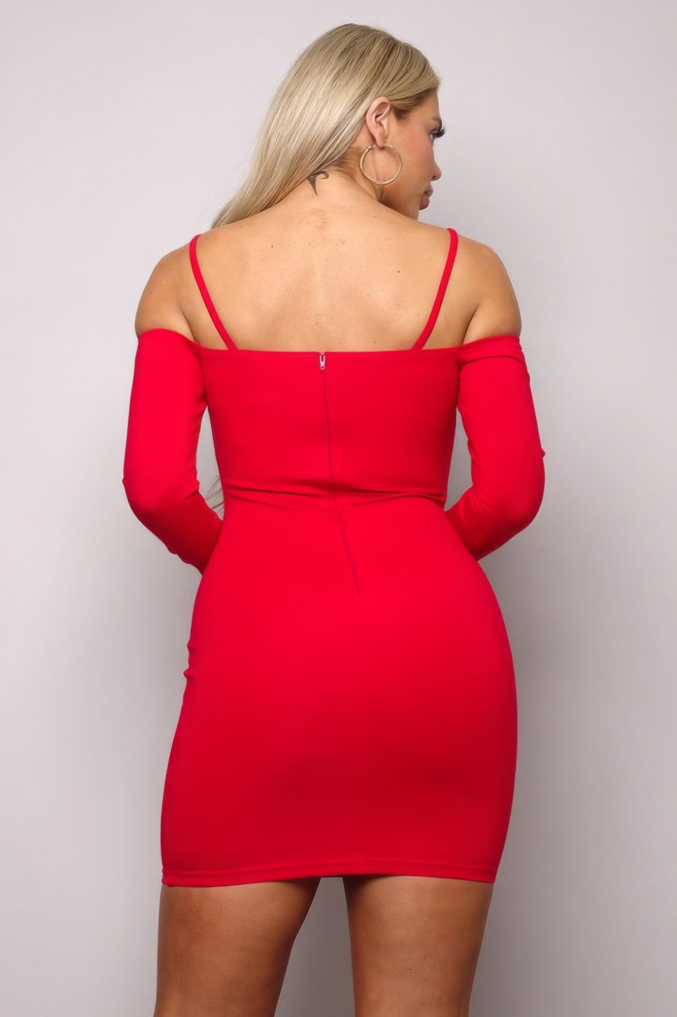 Red Long Sleeve Cuff Front Strap Mini Dress