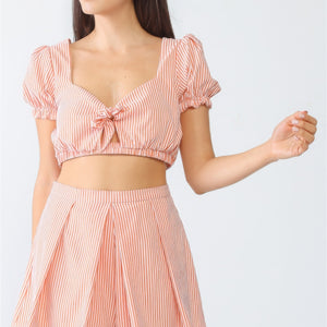 White & Orange Stripe Print Self-tie Short Sleeve Crop Top & High Waist Shorts Set