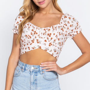 Cream Short Slv Print Crop Woven Top