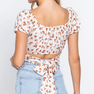 Cream Short Slv Print Crop Woven Top