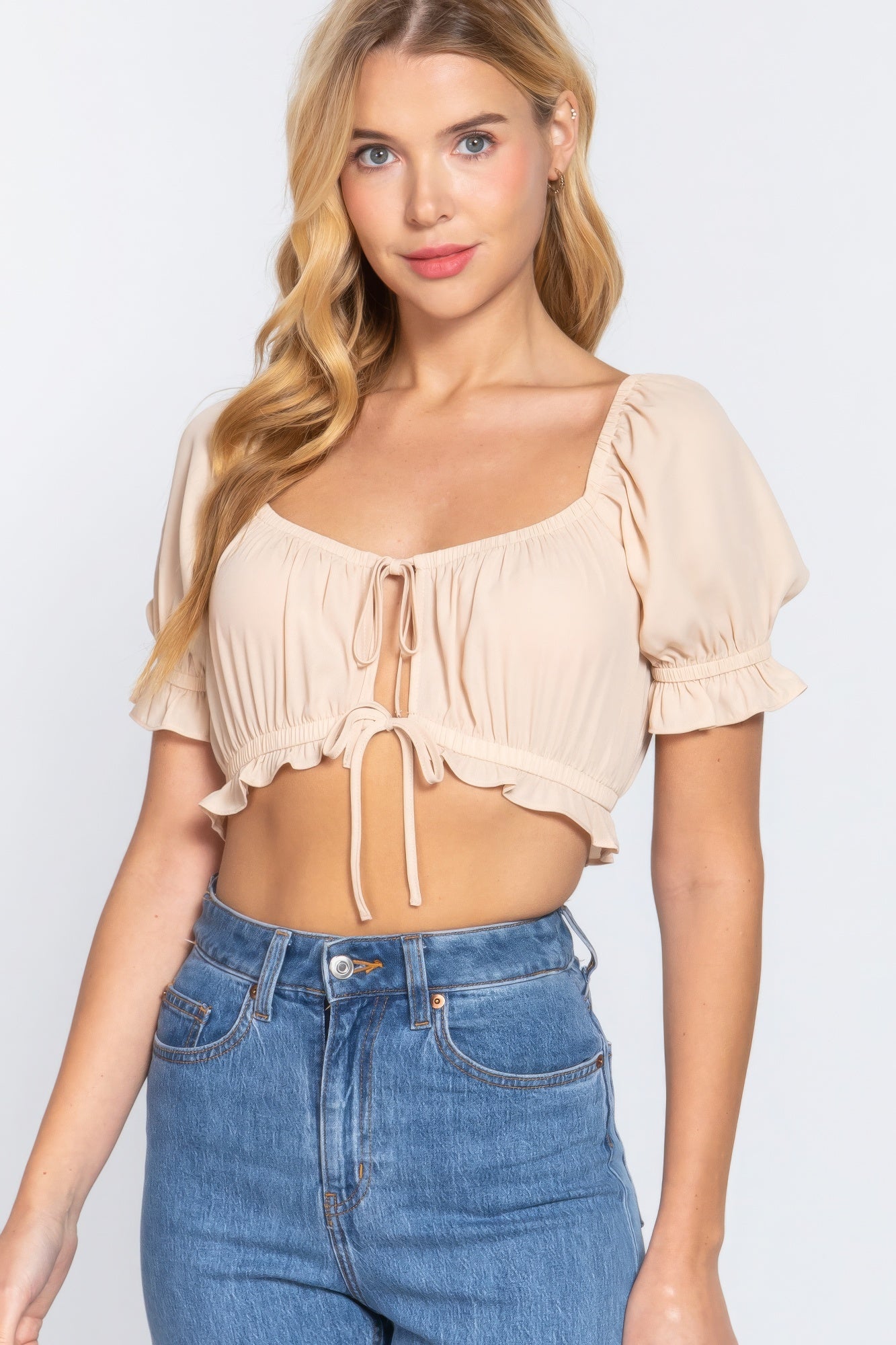 Coconut Taupe Short Slv Print Crop Woven Top