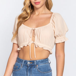 Coconut Taupe Short Slv Print Crop Woven Top