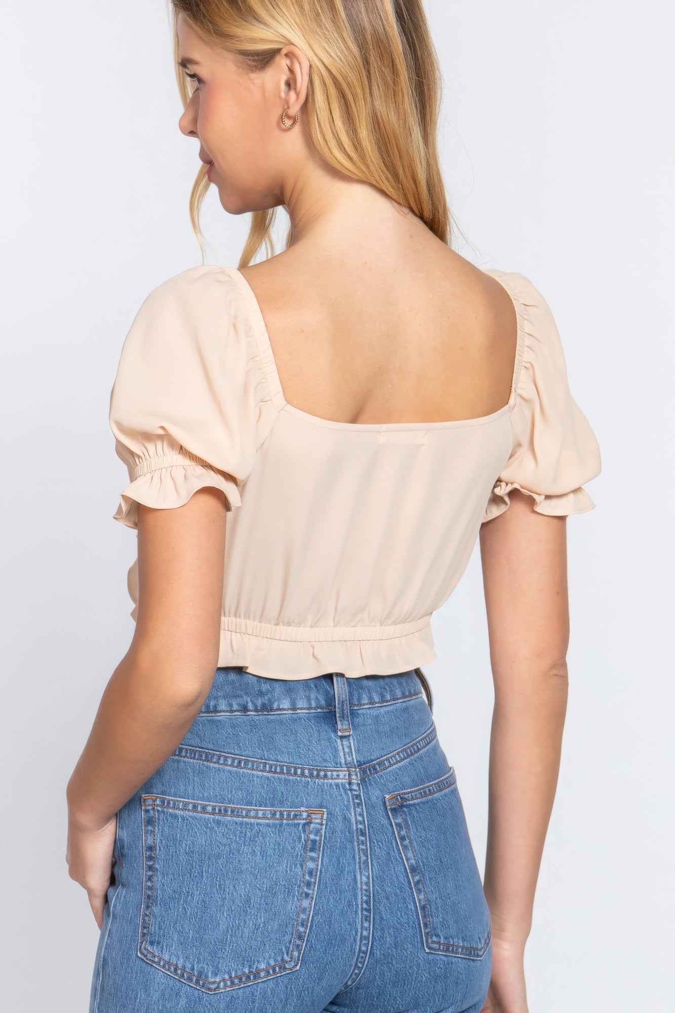 Coconut Taupe Short Slv Print Crop Woven Top