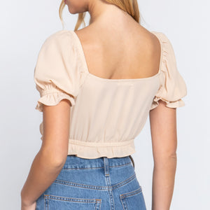 Coconut Taupe Short Slv Print Crop Woven Top