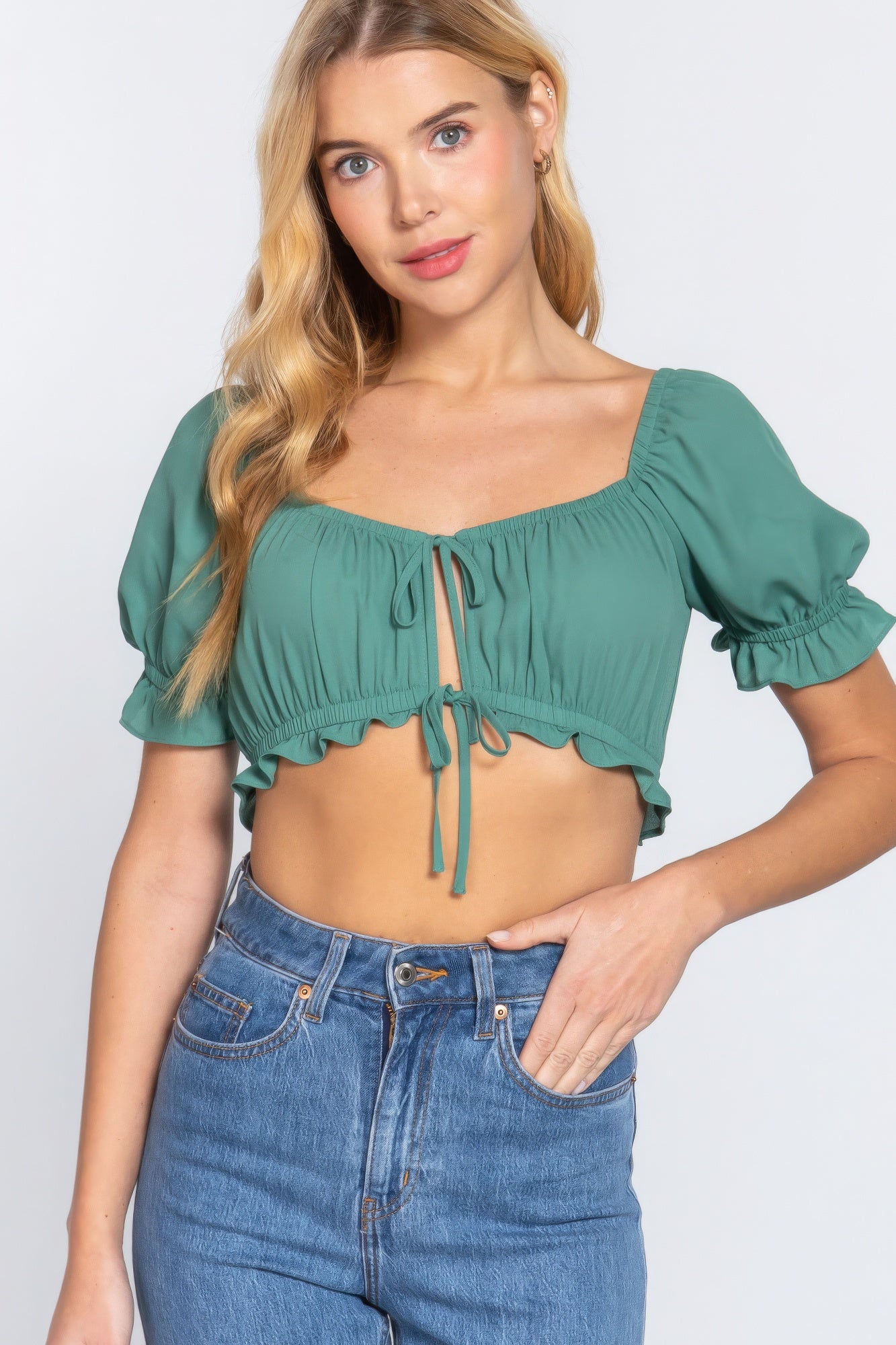 Jade Green Short Slv Print Crop Woven Top