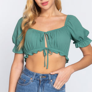 Jade Green Short Slv Print Crop Woven Top