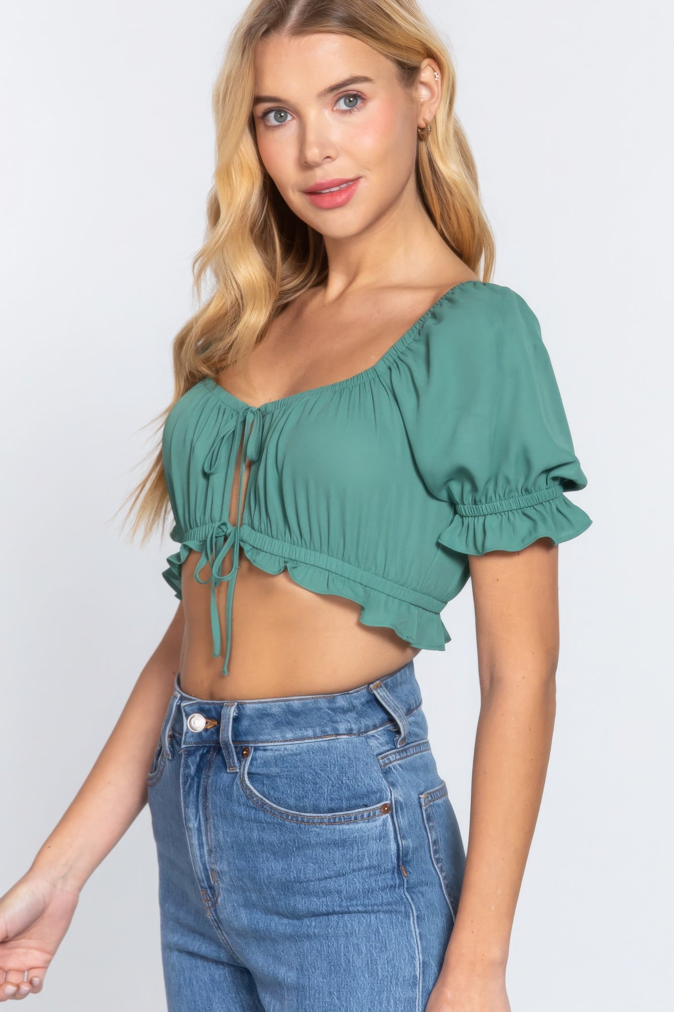 Jade Green Short Slv Print Crop Woven Top