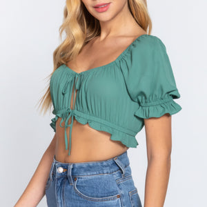 Jade Green Short Slv Print Crop Woven Top