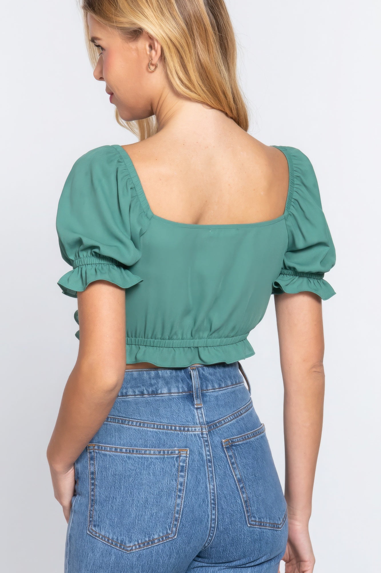 Jade Green Short Slv Print Crop Woven Top