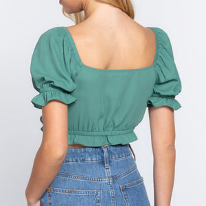 Jade Green Short Slv Print Crop Woven Top