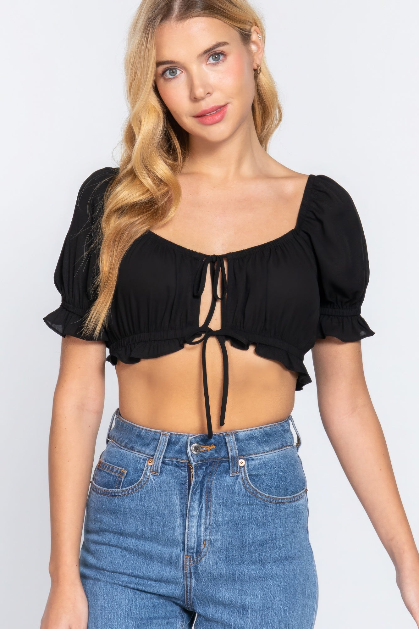 Black Short Slv Print Crop Woven Top