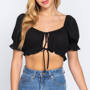 Black Short Slv Print Crop Woven Top