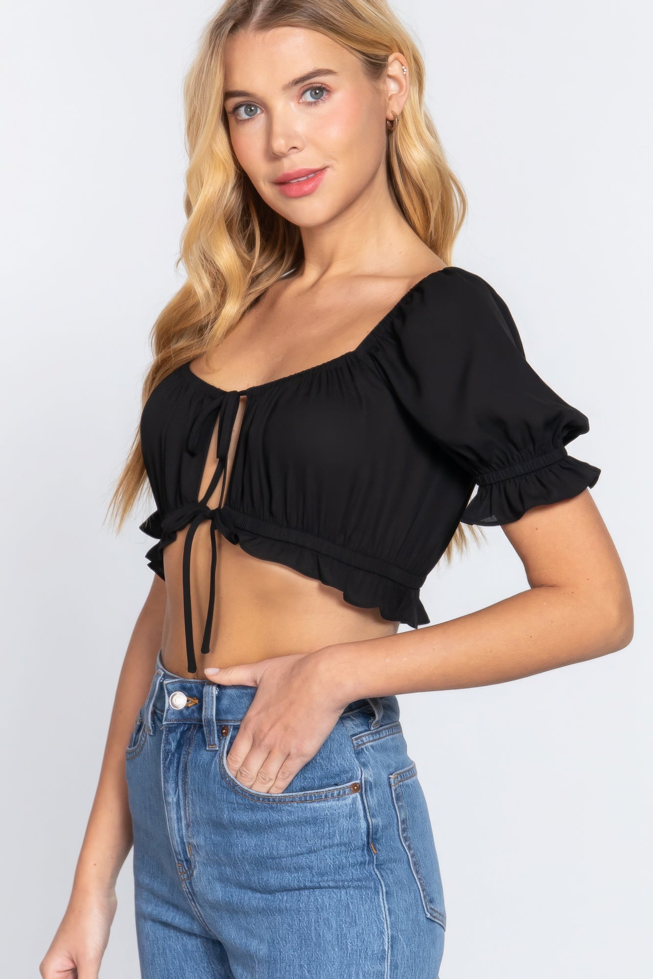 Black Short Slv Print Crop Woven Top