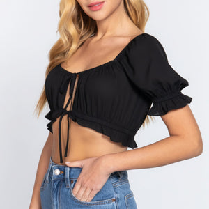 Black Short Slv Print Crop Woven Top