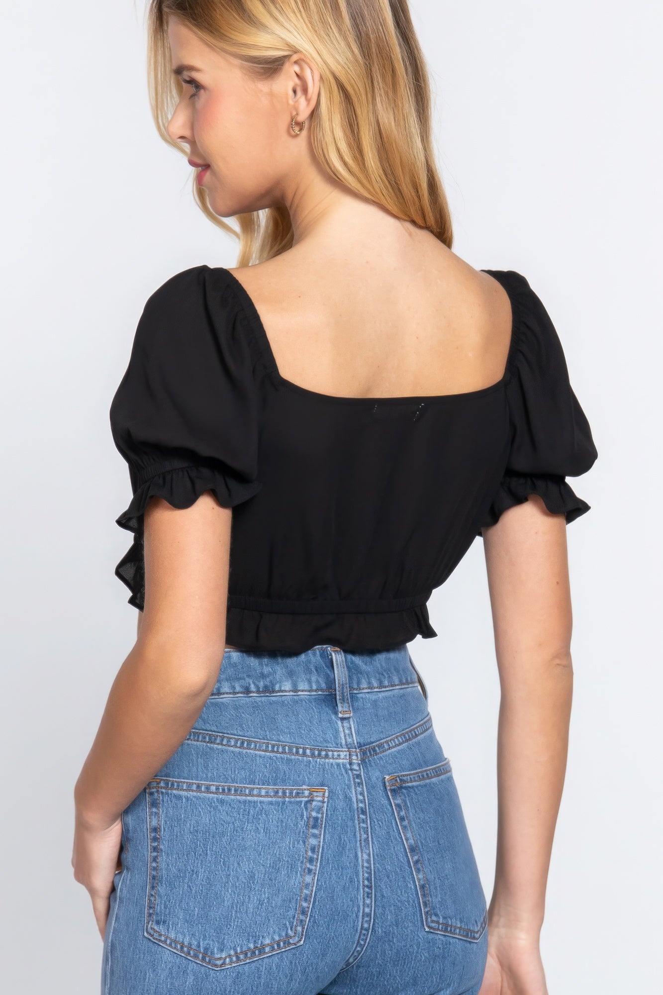 Black Short Slv Print Crop Woven Top