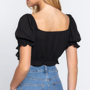 Black Short Slv Print Crop Woven Top