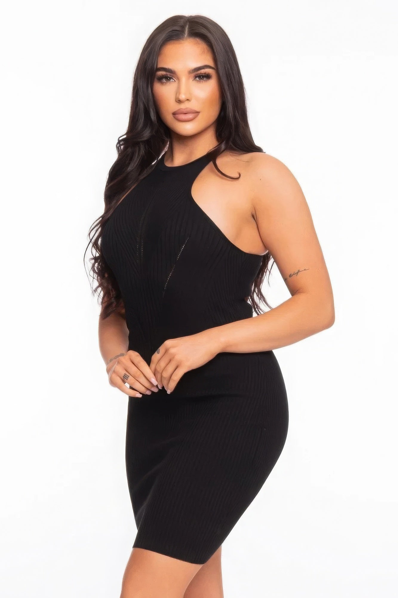 Black Varigated Rib Sleeveless Dress