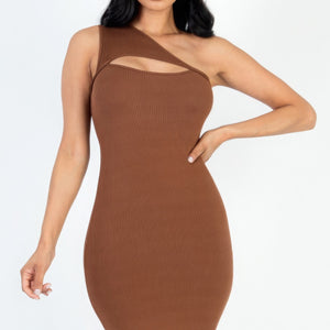 Ribbed One Shoulder Cutout Front Mini Bodycon Dress