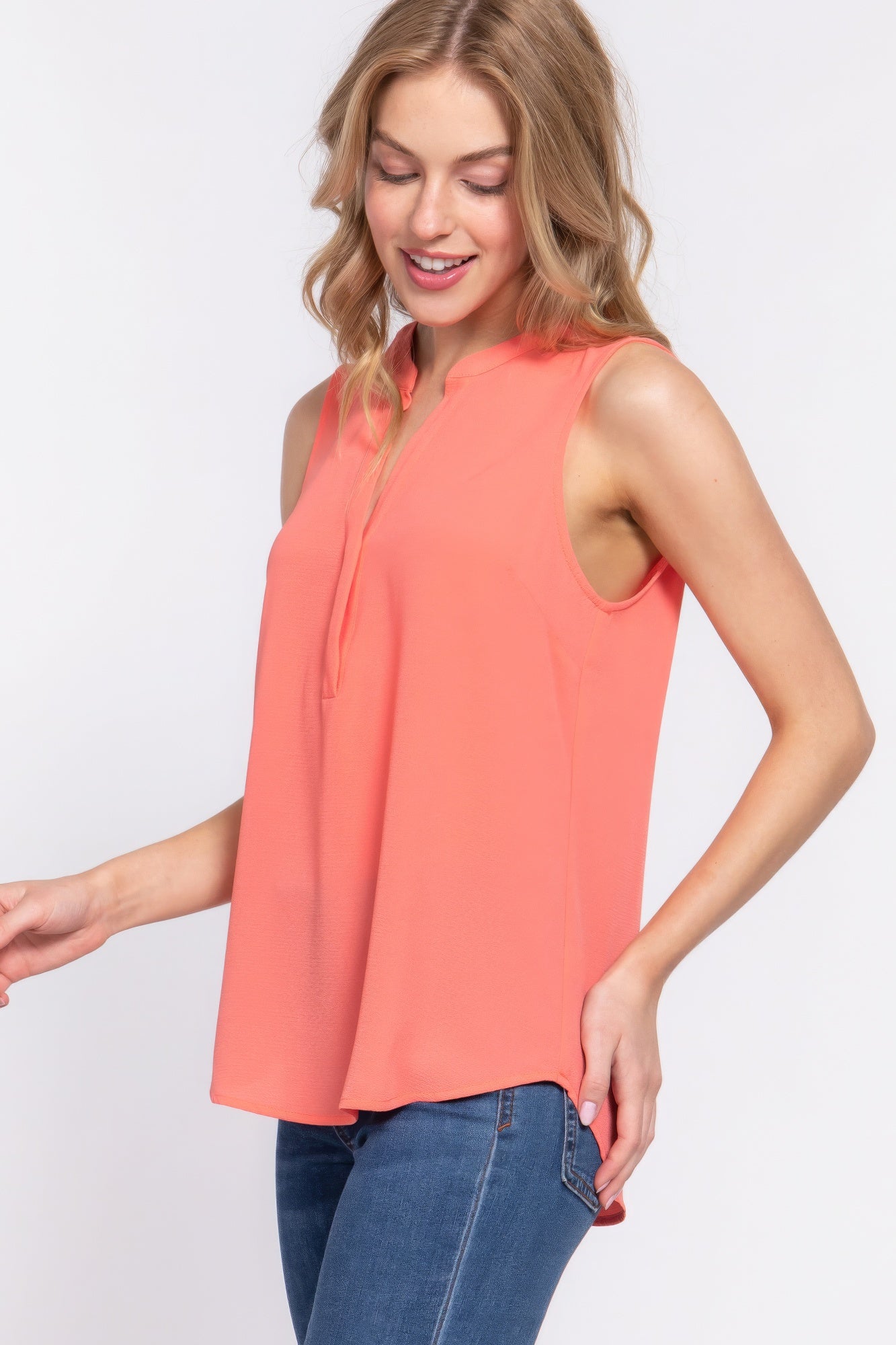 Coral Sleeveless Henley Neck Woven Top