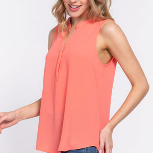 Coral Sleeveless Henley Neck Woven Top