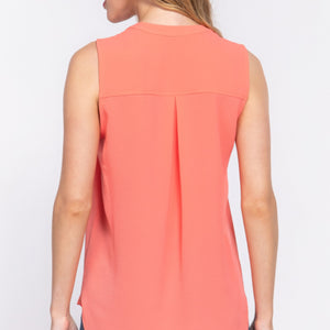 Coral Sleeveless Henley Neck Woven Top