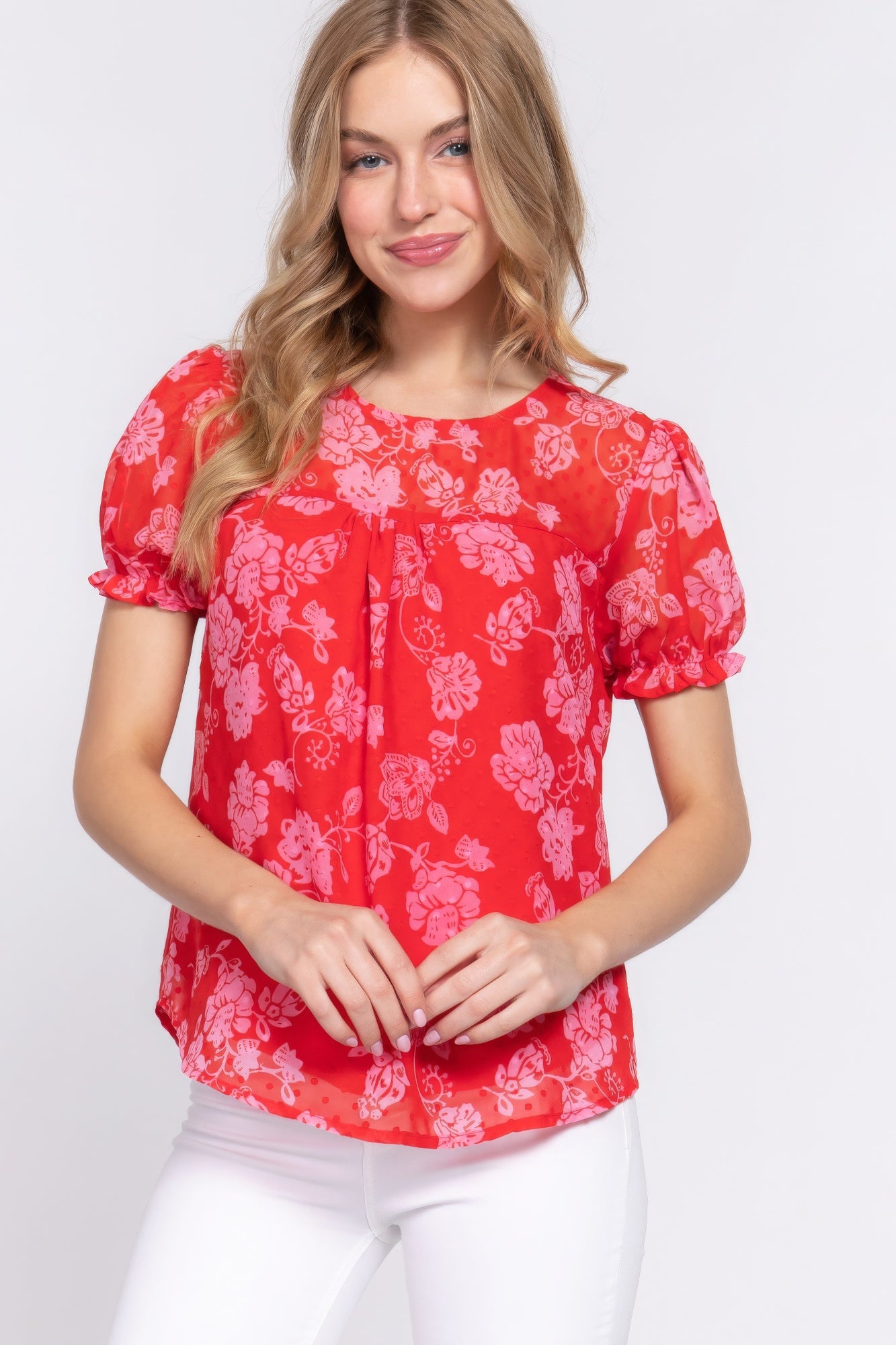 Red Short Slv Print Clip Dot Blouse