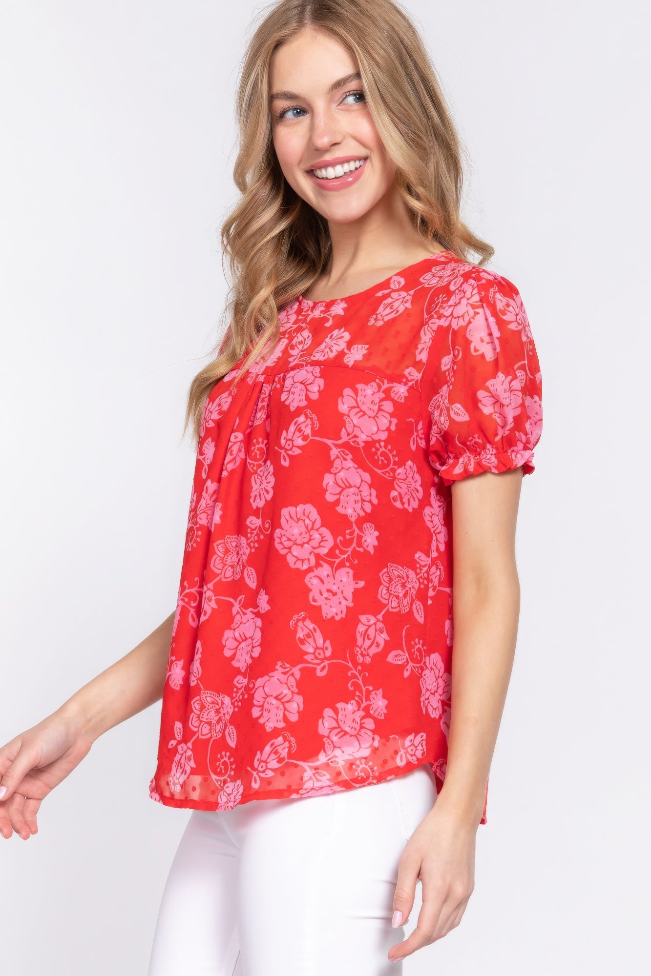 Red Short Slv Print Clip Dot Blouse