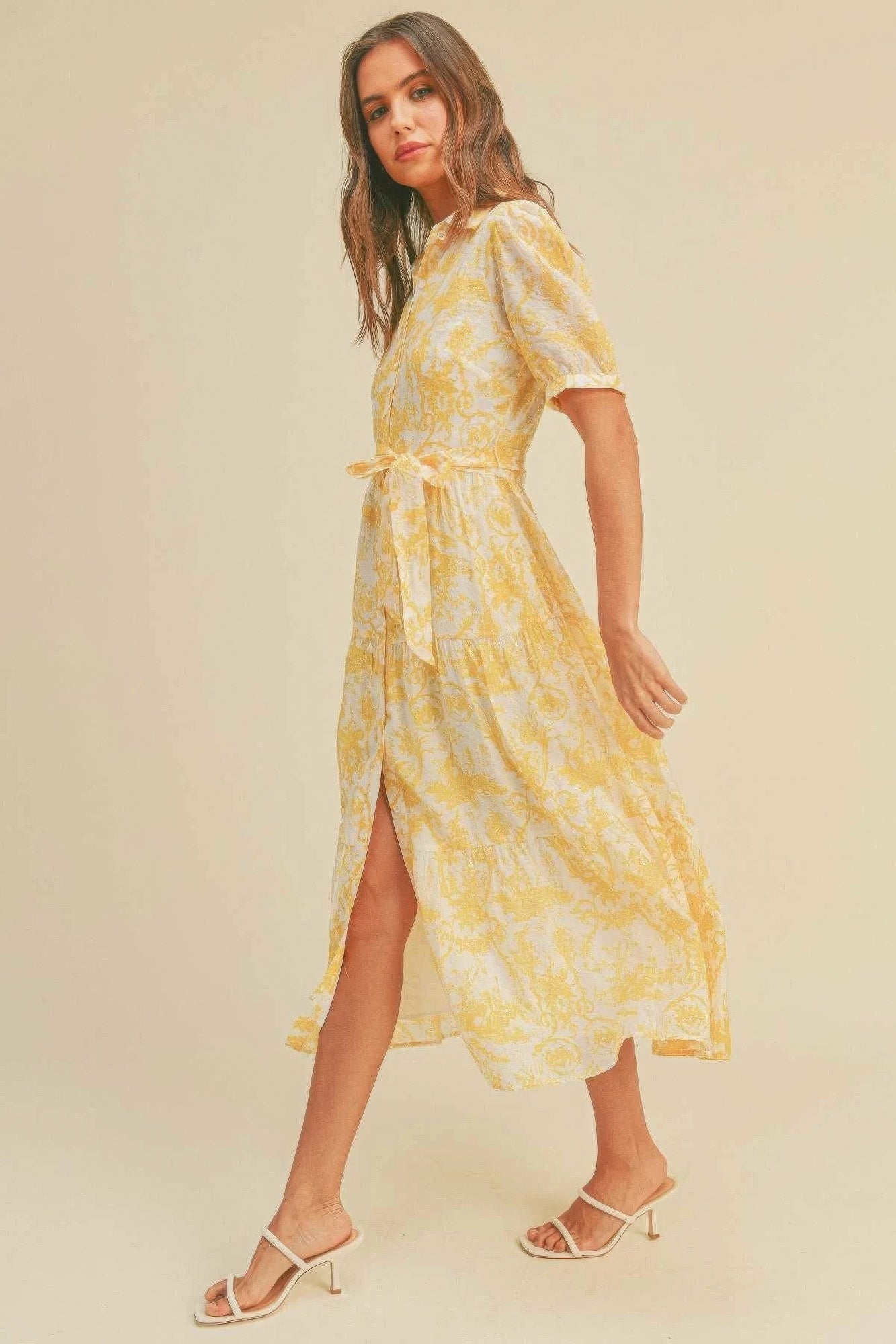 Yellow Multi Button closure waist belt puff sleeve dress