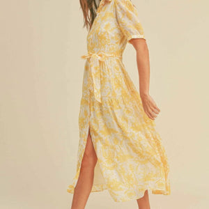 Yellow Multi Button closure waist belt puff sleeve dress