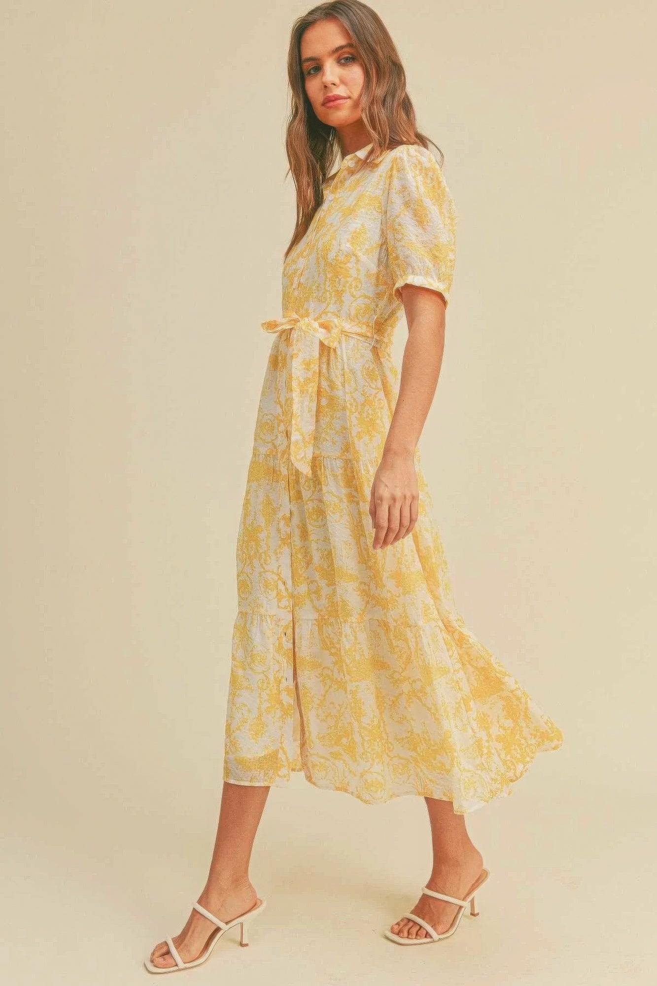 Yellow Multi Button closure waist belt puff sleeve dress