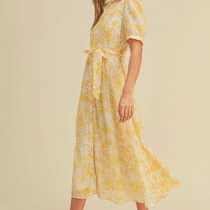 Yellow Multi Button closure waist belt puff sleeve dress