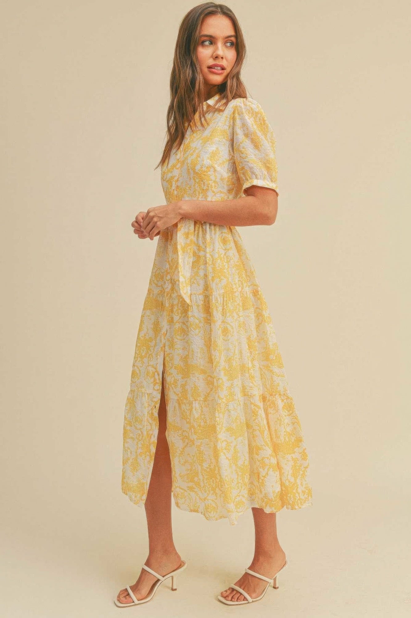 Yellow Multi Button closure waist belt puff sleeve dress