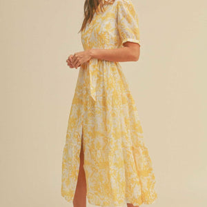 Yellow Multi Button closure waist belt puff sleeve dress